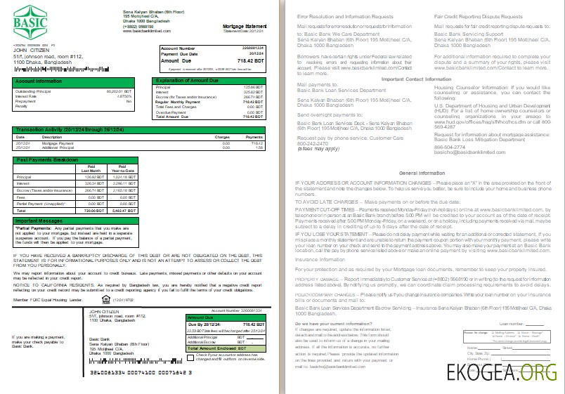 Relevé d'hypothèque bancaire de la Bangladesh Basic Bank, 2 pages, 1, 2 scr